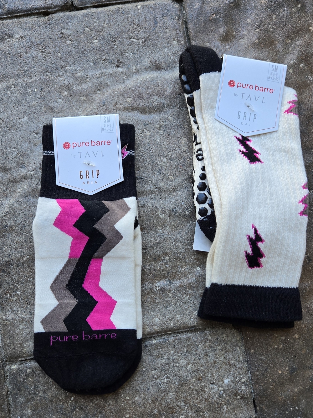 Pure Barre Women's Grip Socks in Cream, Black & Hot Pink Zigzag